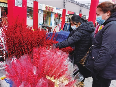 步行街上，市民正在采购红色银柳。