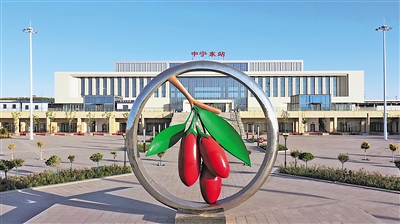     中宁高铁站前的枸杞雕塑。