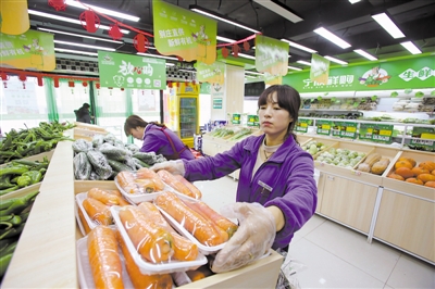 <p>　　超市开门营业前，工作人员已将刚刚从仓库配送来的新鲜蔬菜摆上货架，供顾客们选购。</p>
