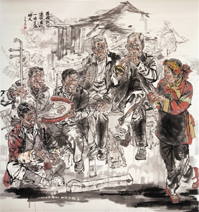 <p>　　茶余饭后（国画）　　　　　　康泰</p>