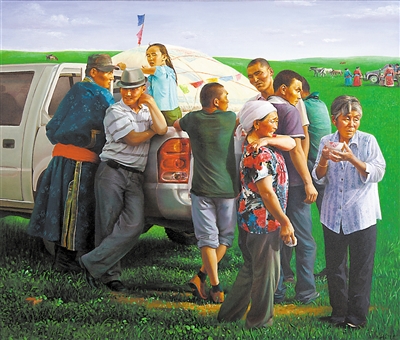 <p>　　草原牧家游（油画）　　　　　　钮维</p>