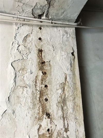     墙皮脱落处，仍保留着注胶修复的钉子痕迹。