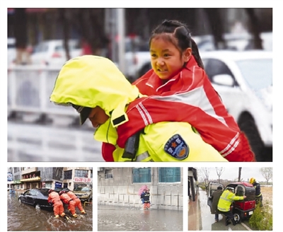 银川市和石嘴山市交警、消防救援人员冒雨帮助群众。图片由受访单位提供