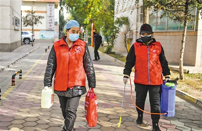 <p>银川市兴庆区文化街街道办事处丰收社区党员陈月艳（左）每天带领志愿者穿梭于辖区各个检测点和值守点之间，做好防疫物资保障工作。</p>