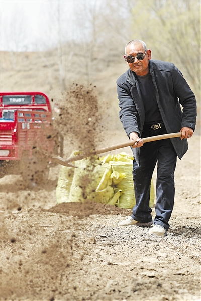     张世祥在新建成的高标准农田里，铺洒肥料，为耕种做准备。