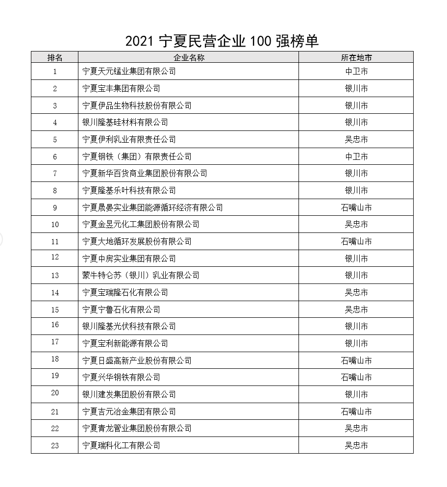 2021宁夏民营企业100强榜单新鲜出炉