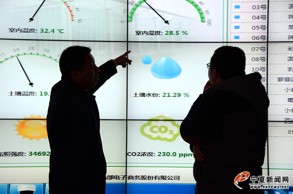 在设施农业智能应用管理系统显示屏前，杨常新正在指导年轻技术人员。目前，园区在全国已经率先实施了云端控制节水项目，在宁夏率先实现了温室环境远程控制和自动化管理，通过无线传感器对大棚进行智能化监测。