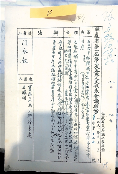 <p>　　自治区人大常委会档案室里珍藏的迄今为止宁夏最早的一张“代表提案”。</p>