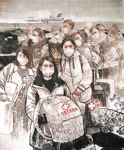 <p>　　援鄂抗疫（国画）　李西京</p>