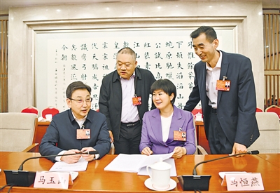 <p>全国人大代表马玉山、潘峰、马恒燕、王东新（从左至右）热议政府工作报告。</p>